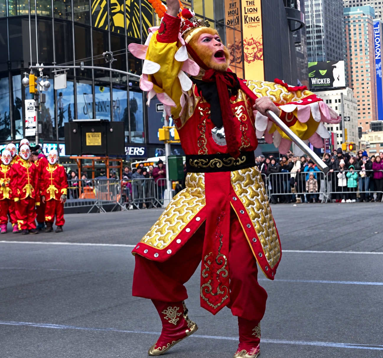 Monkey King performer in a red and gold costume during a Times Square flash mob